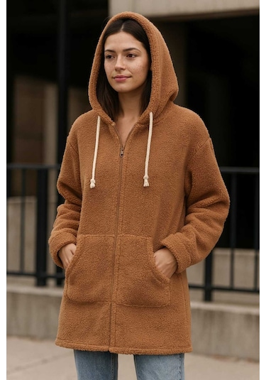 Tenra Kadın Peluş Mont Kapüşonlu Geniş Kalıp Karamel Çok Renkli