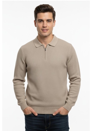 Erkek Regular Fit Polo Yaka Petek Triko Kazak Bgl-st04825 Bej