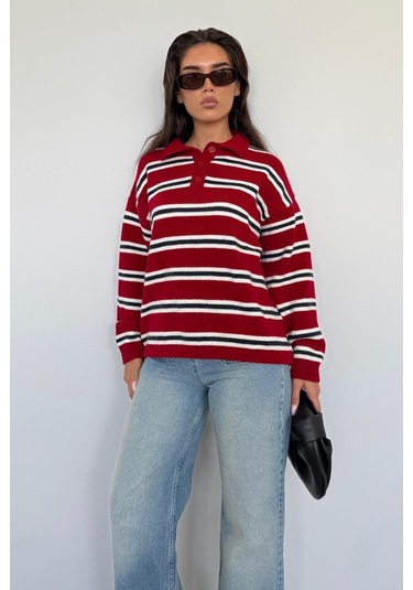 Kırmızı Polo Yaka Çizgili Kadın Triko Kazak Mg2469 Kırmızı