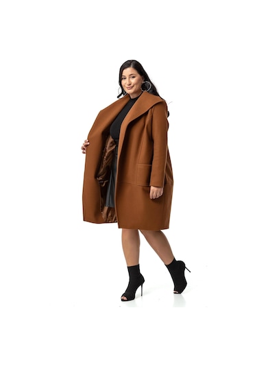 Büyük Beden Torba Cepli Tek Düğmeli Astarlı Kahverengi Kaşe Kaban-kahverengi Kahverengi