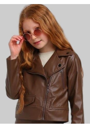 Kız Çocuk Fermuar Detaylı Deri Ceket-13666 Kahverengi