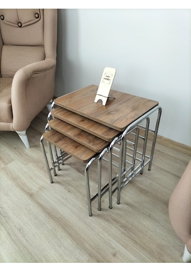 Evko Mobilya Buket Sehpa, 4'lü Zigon Sehpa, Dörtlü, Krom-ceviz