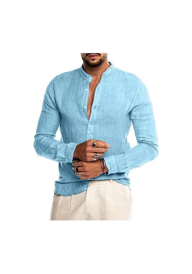 Siyah Erkek Pamuklu Keten Uzun Kollu Henley Gömlek Rahat Bol Düğmeli Üstler Tişört Siyah