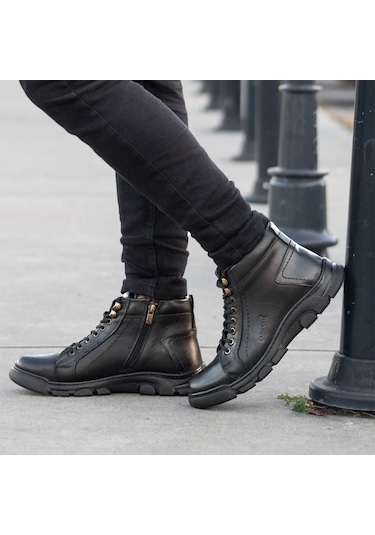 Ghattix Lass Kışlık Hakiki Deri Erkek Bot Fermuarlı Siyah Siyah