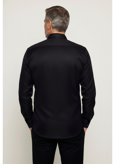 Yxc Trend Maker Slim Fit Uzun Kollu Kolay Ütü Teri Emen Nefes Alan Doku Kravatlık Dört Mevsim Erkek Gömlek Siyah