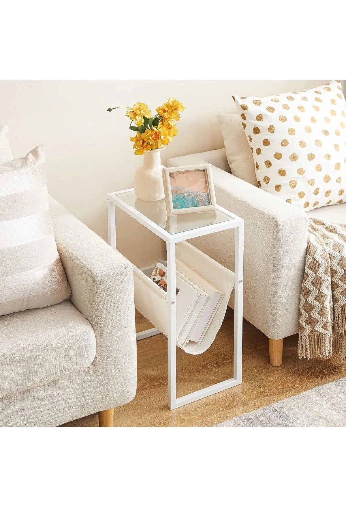 Temperli Cam Gazetelik Dergilik Yan Sehpa Koltuk Sehpası Beyaz-şeffaf
