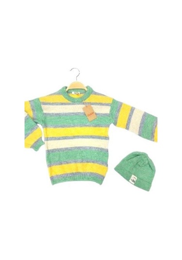 Kız Çocuk Çizgili Bere Takımlı Kazak-13572 Yeşil