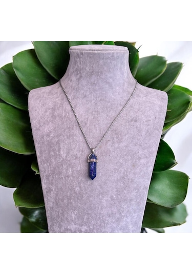 Lapis Lazuli Uçlu Kristal Çelik Zincirli Doğal Taş Kolye