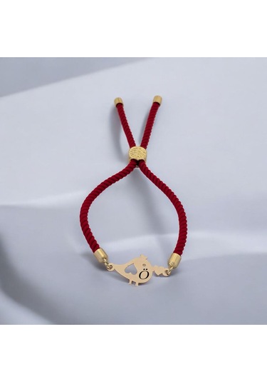 Archin Ö Harfine Özel Minik Kuş Motifli Kırmızı Örgülü 14 Ayar Altın Plakalı Hediye Bileklik-363harf Ö