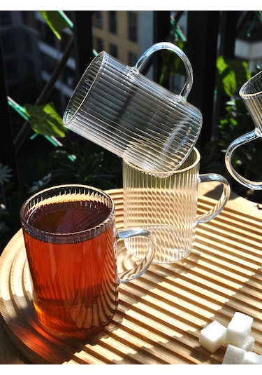 3'lü Borosılıkat Cam Bardak Çizgili Kulplu Çay Kahve Bardağı250m