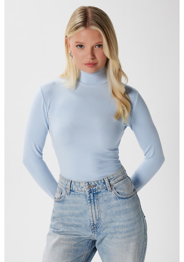 Ritnice Kadın Feel Lux Touch Dik Yaka Mavi Uzun Kol Soft Bluz Mavi