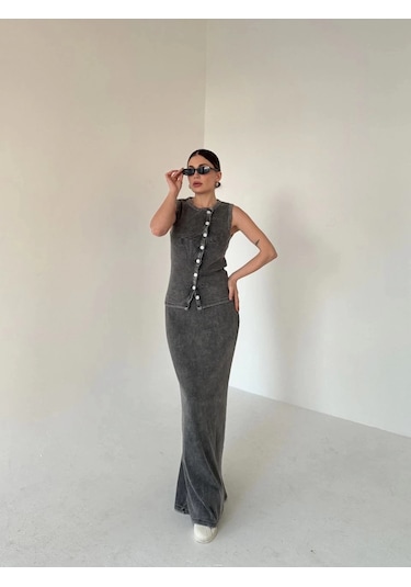 Uzun Etekli Önü Düğmeli Badi İkili Takım- Antrasit Antrasit