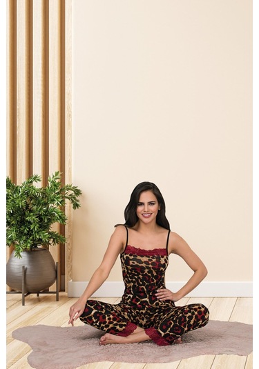 Leopar Desenli Pamuklu Likralı Kahverengi Askılı Bordo Dantel Detaylı Pijama Takımı 28449 Kahverengi