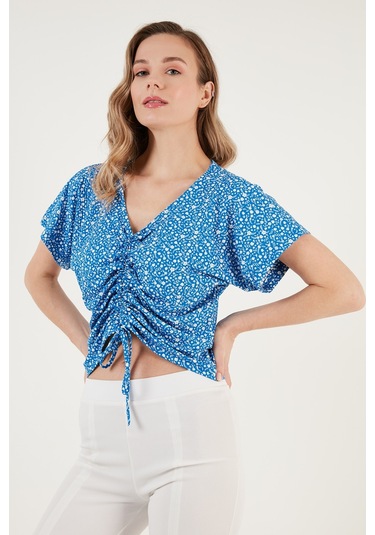 Lela Desenli Önü Büzgülü V Yaka Crop Bayan Bluz 5864486Y4 Saks