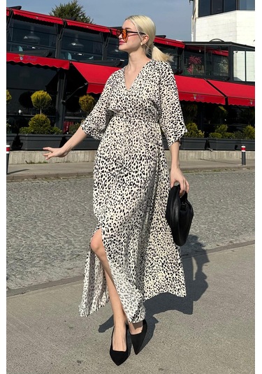 Madmext Beyaz Desenli Yırtmaç Detaylı Uzun Elbise Mg2321 Beyaz