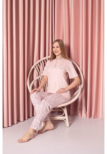 Ahengim Kadın Pijama Takımı Süprem Kısa Kollu Büyük Gül Desenli Pamuklu W3010 Pembe