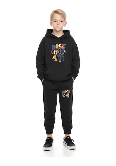 Fyk Kids 3'lü Erkek Çocuk Kapüşonlu Yaka Baskı Detaylı Eşofman Takımı Çok Renkli