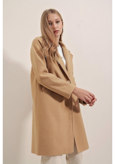 Giyim Dünyası Kadın Tek Düğme Kaşe Kaban Hardal