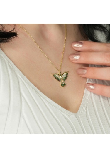 Yeşil Taşlı Anka Kuşu Altın Kaplama Kolyee Gm89