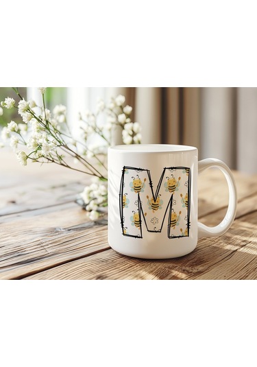 M Harfi Arı Desenli Kupa - Sevimli Hayvan Temalı Kişiye Özel Kahve Kupası - Şans Kupası Beyaz