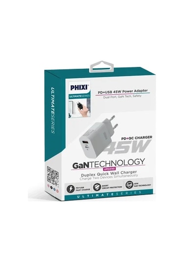 Phixi Ultimate Upd4145 45w Gan Teknolojisi Pd+usb Girişli Seyahat Şarj Adaptörü