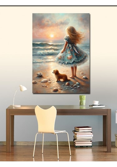 Kanvas Tablo Yavru Köpek Ve Kız Çocuğu 50cmx70cm