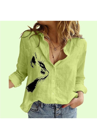 Pembe Bayanlar Rahat Kedi Baskı Bluzlar Kadın Moda Yaka Yaka Hırka Gömlek Ince Pamuk Keten Üst Pembe