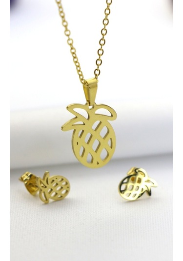 Ananas Çelik Kolye Küpe Set Gümüş