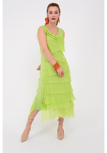 Italyan 2 Beden İnce Gösteren Kat Kat Kolsuz Ipek Elbise Neon Yeşil