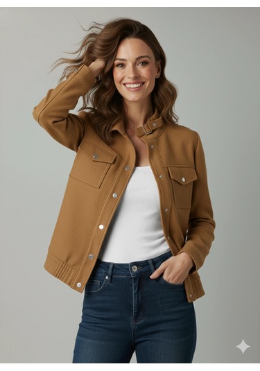 Kadın Taba Zarif Kısa Ceket Toka Detaylı Dik Yaka Cepli Süet/kaşe Baharlık Ceket Taba