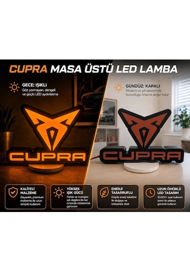 Cupra Masa Lambası , Cupra Logolu Led Işıklı Masa Lambası , Cupra Gündüz Gece Masa Lambası Siyah