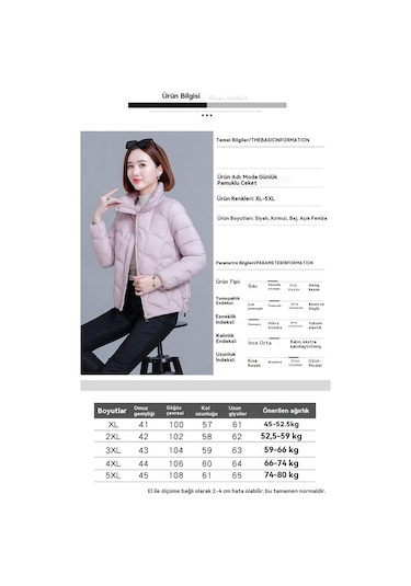 2025 Yeni Kadın Pamuklu Ceket, Kısa Model, Kore Stili, Bol Kesim, Sıcak, Dik Yaka, Küçük Beden Açık Pembe