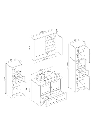 Oval Lavabolu Mdf 80 Cm Çekmeceli Banyo Dolabı Atlantik Çam - Beyaz