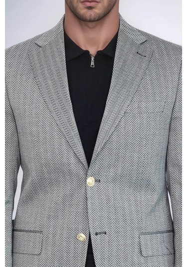 Siyah Balıksırtı Desenli Gold Renk Metal Düğmeli Slim Fit Erkek Blazer Ceket - Wessi Black