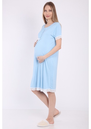 Luvmabelly Myra9591 Önden Çıt Çıtlı Dantelli Hamile Geceliği -mavi-mavi