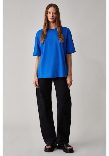 GRIMELANGE Lagertha Kadın %100 Organik Pamuklu Kalın Dokulu Oversize Fit Yuvarlak Yakalı Mavi T-shirt Mavi