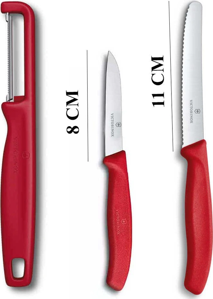 Victorinox Kırmızı Domates Soyacağı - 11 Cm Tırtıklı Domates Sebze Bıçağı - 8 Cm Düz Bıçak 3lü Set Kırmızı