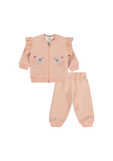 Civil Baby Çiçek Nakışlı Hırkalı 6-18 Ay Takım - Pudra