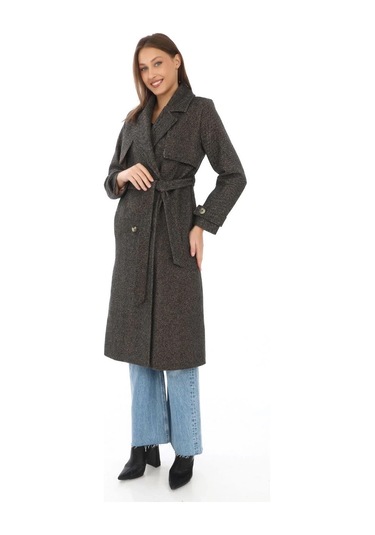 Kadın Balık Sırtı Yünlü Dokuma Kaşe Kaban Kruvaze Yaka, Kuşaklı, Cepli, Astarlı Uzun Boy Tesettür Kahverengi Kadın Balık Sırtı Yünlü Dokuma Kaşe Kaban Kruvaze Yaka, Kuşaklı, Cepli, Astarlı Uzun Boy Tesettür Kahverengi