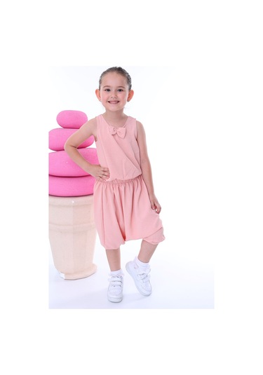Zuzunga Airobin Kumaş Fiyonk Detaylı Kız Çocuk Şalvar Tkımı Alt-üst Pembe