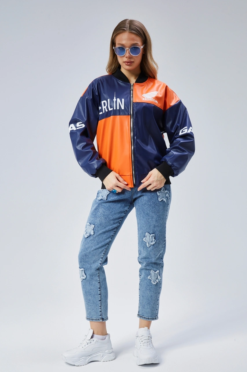 Kadın Oversize Baskılı Deri Motorcu Montu Fermuarlı Yarışçı Ceket Astarlı Bomber Kolej Mont Lacivert