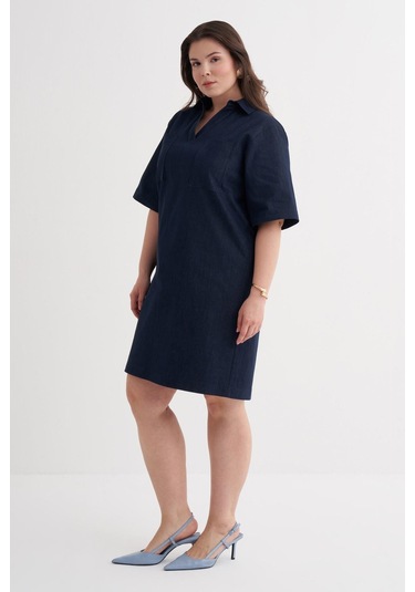 Kısa Kollu Cepli Denim Elbise-6244 Mavi