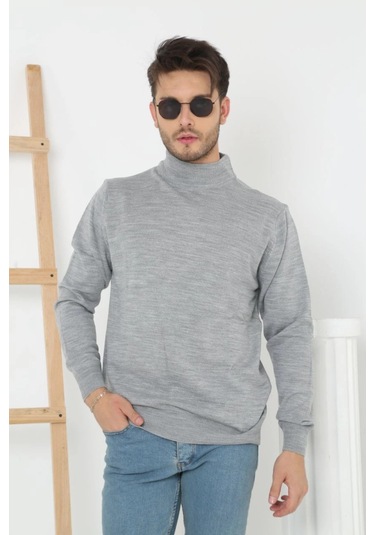 Erkek Yarım Boğaz Triko Kazak Yumuşak Dokulu Pamuklu İnce Dokuma, Uzun Kollu Rahat Regular Kalıp - Gri Siyah