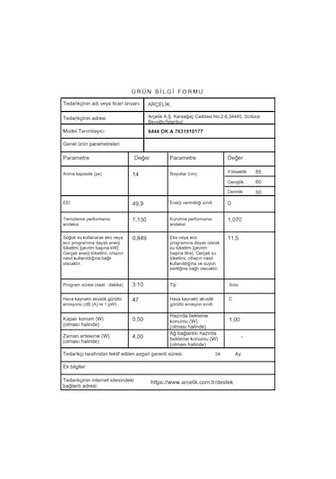 Arçelik 6444 OK A 4 Programlı 14 Kişilik Bulaşık Makinesi
