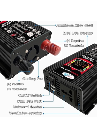 Sones Tang Iıı Nesil 12v İla 220v 6000w Lcd Ekranlı Ve Çift Usb'li Araç Güç Çeviricisi Siyah
