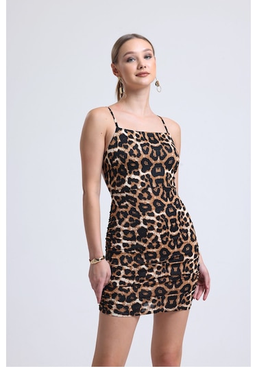 Sırttan Çapraz Bağlamalı Leopar Mezuniyet Elbisesi Kahverengi