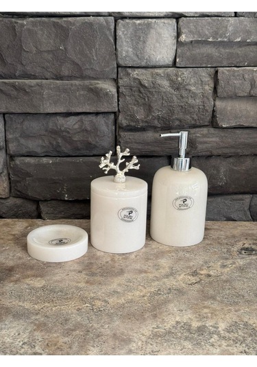 3'lü Set Beyaz Mermer Gümüş Aksesuarlı Sıvı Sabunluk, Makyaj Pamukluk, Katı Sabunluk Beyaz