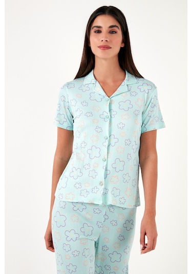Lela Regular Fit Gömlek Yaka Kısa Kollu Bayan Pijama Takımı 65780124 Su Yeşili