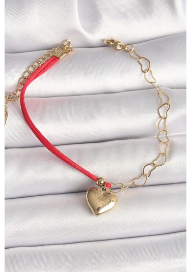 Zarif Kadın İçin Golden Çelik Zincir Kırmızı İp Sallantı Kalp İşli Bileklik Gri