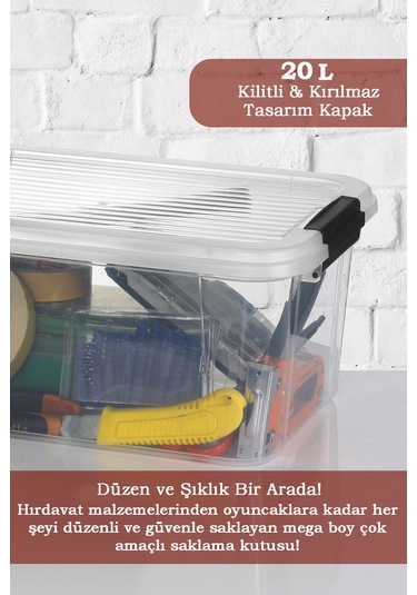 3'lü 20l Multibox Saklama Kabı Kilitli Kapaklı Çok Amaçlı Düzenleyici Kiler Depolama Saklama Kutusu Şeffaf